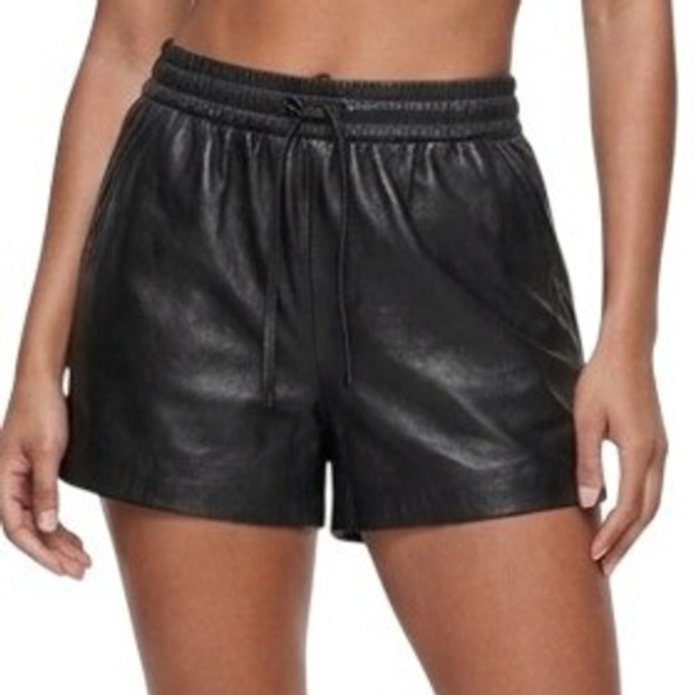 Good American Leather Shorts Womens 4 Black Drawstring High Rise Pull On 5957